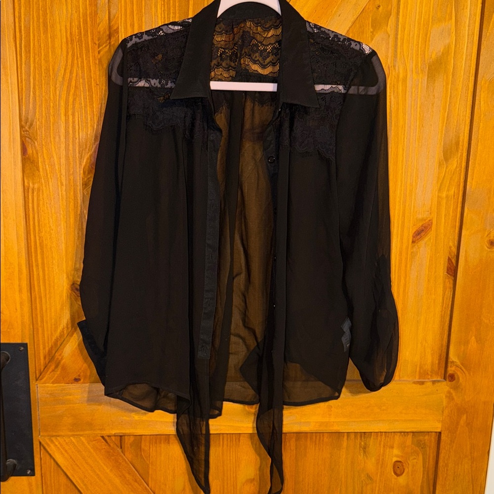 Black Lace Yoke Sheer Button-Up Blouse